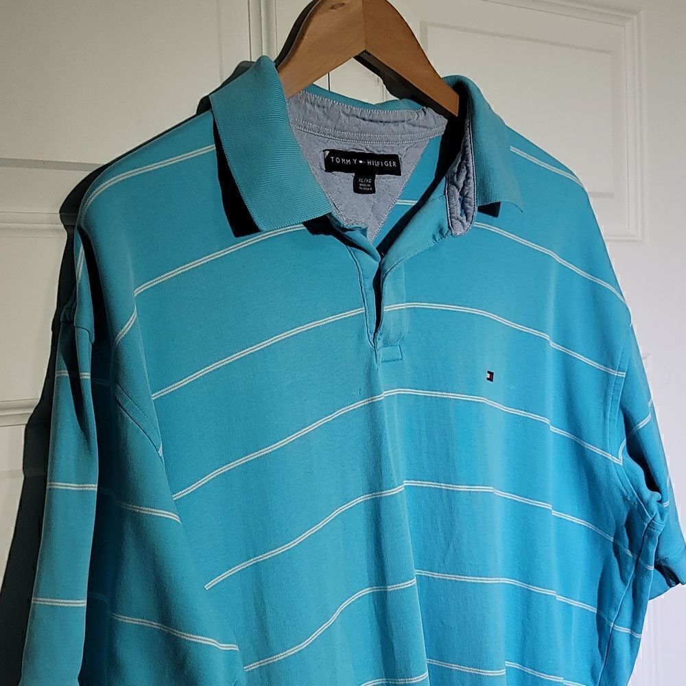Tommy Hilfiger Men's Vintage Striped Teal Y2K Polo
